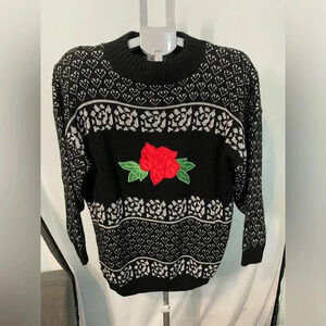 Vintage 80s Adele rose black and silver sweater size 22W Bin 12‎